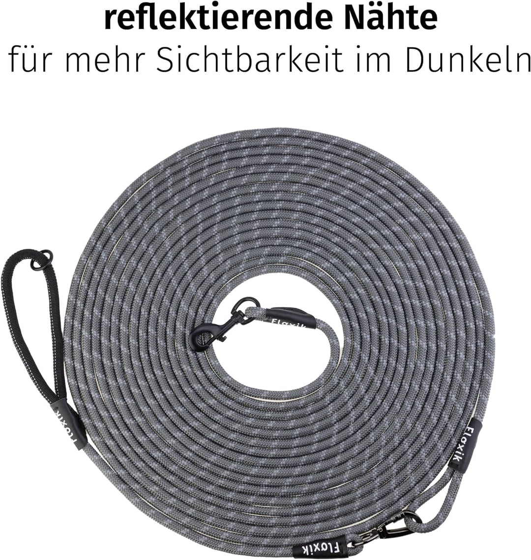 Floxik Schleppleine für Hunde | 5m, 10m, 15m, 20m grau | reflektierende Tauleine mit Abnehmbarer Han