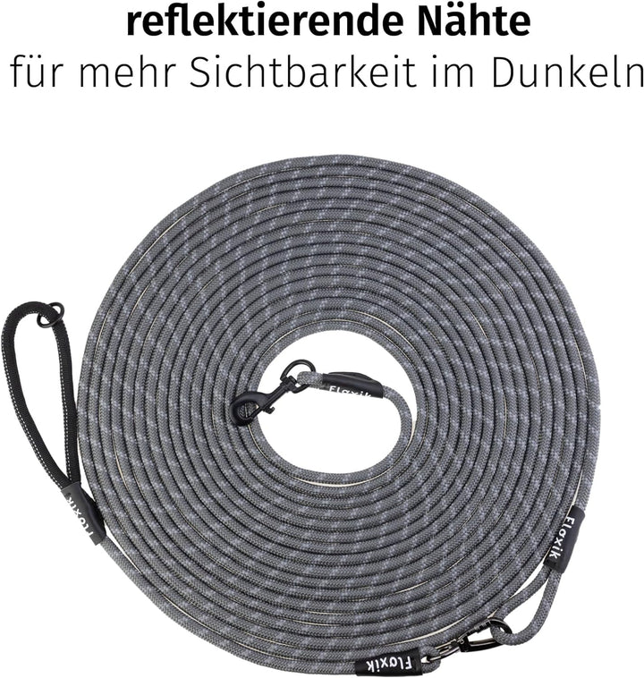 Floxik Schleppleine für Hunde | 5m, 10m, 15m, 20m grau | reflektierende Tauleine mit Abnehmbarer Han