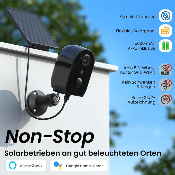AOQEE 2K Überwachungskamera Aussen Solar Akku - Kabellose Kamera Überwachung Aussen Solar, 2,4GHz WL