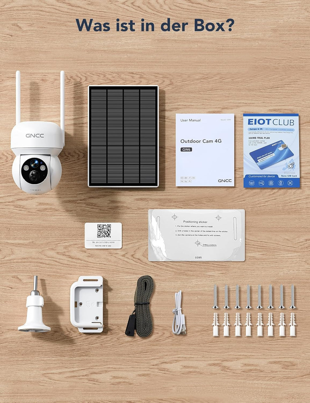 GNCC 4G LTE Überwachungskamera Aussen Solar mit SIM Karte, IP65 | 2K 3MP Farb/Infrarot Nachtsicht, 3