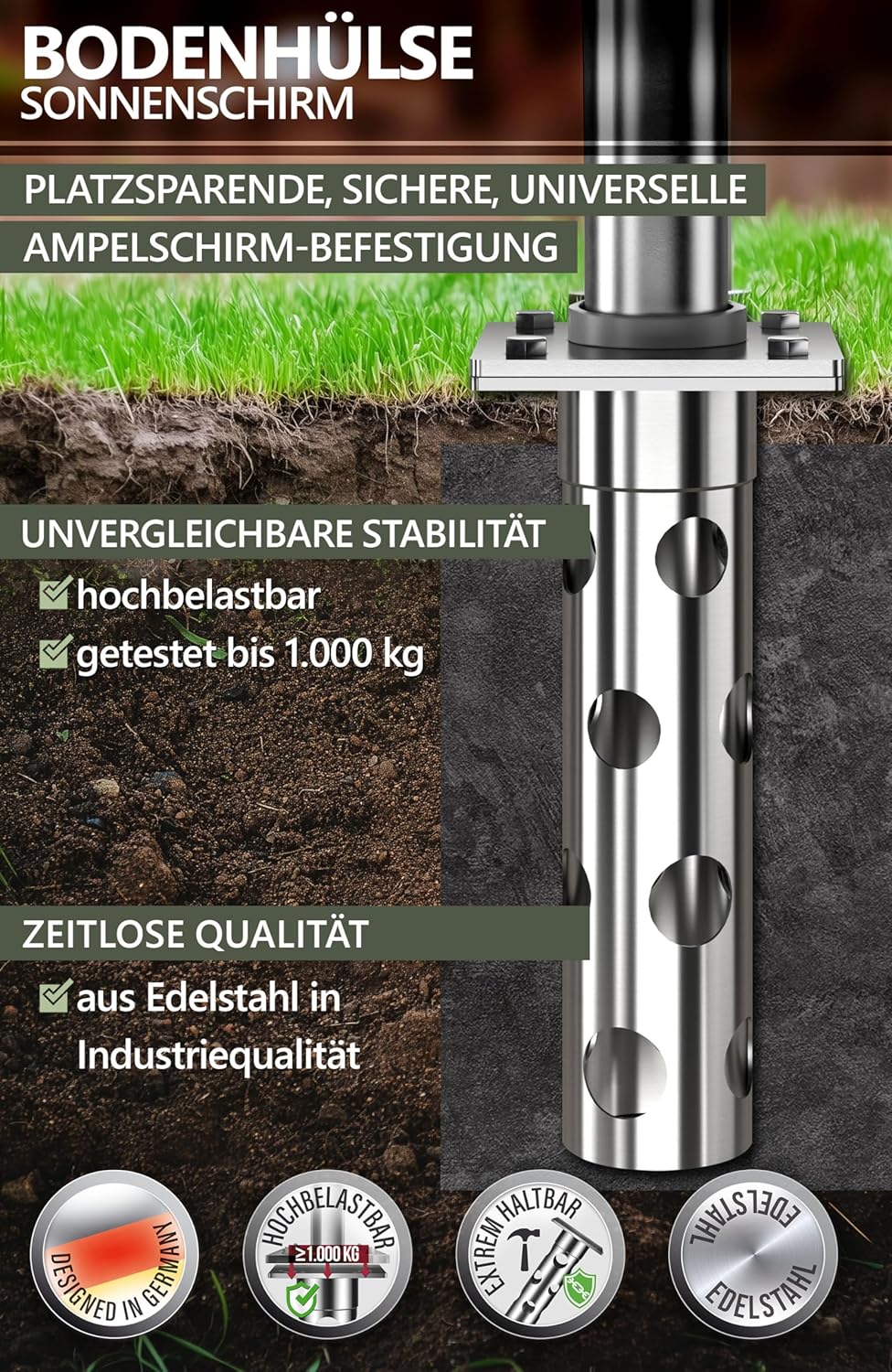 4smile Bodenanker Sonnenschirm - Edelstahl Bodenhülse Sonnenschirm SunnyGround zum Einbetonieren, bi