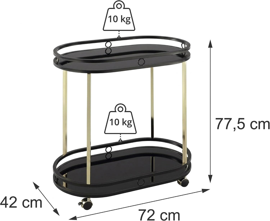 Relaxdays Servierwagen, 2 Etagen, Glas &amp; Metall, schwarz/Gold | H x B x T: 77,5 x 72 x 42 cm, Küchen