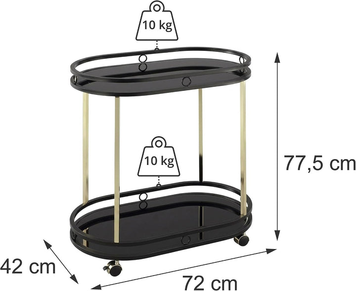 Relaxdays Servierwagen, 2 Etagen, Glas &amp; Metall, schwarz/Gold | H x B x T: 77,5 x 72 x 42 cm, Küchen