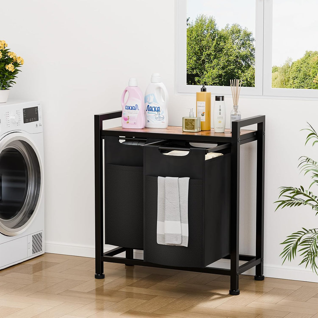 Sweetcrispy Wäschekorb 2 Fächer, 92 L, Schwarz | mit Ablage, abnehmbarer Wäschesammler, Wäscheschran