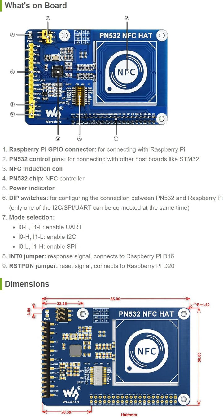 Waveshare PN532 NFC HAT for Raspberry Pi Near Field Communication Support I2C / SPI/UART Interfaces