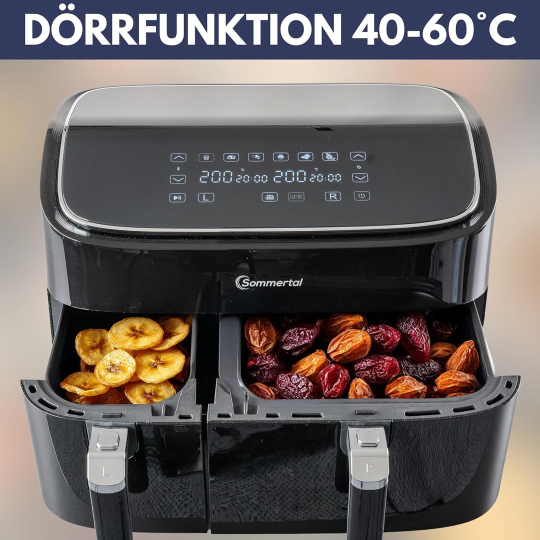 Sommertal HF DUAL 900, Heissluftfritteuse Doppelkammer 9 Liter, Airfryer mit 2 Körben, 2850 Watt, mi