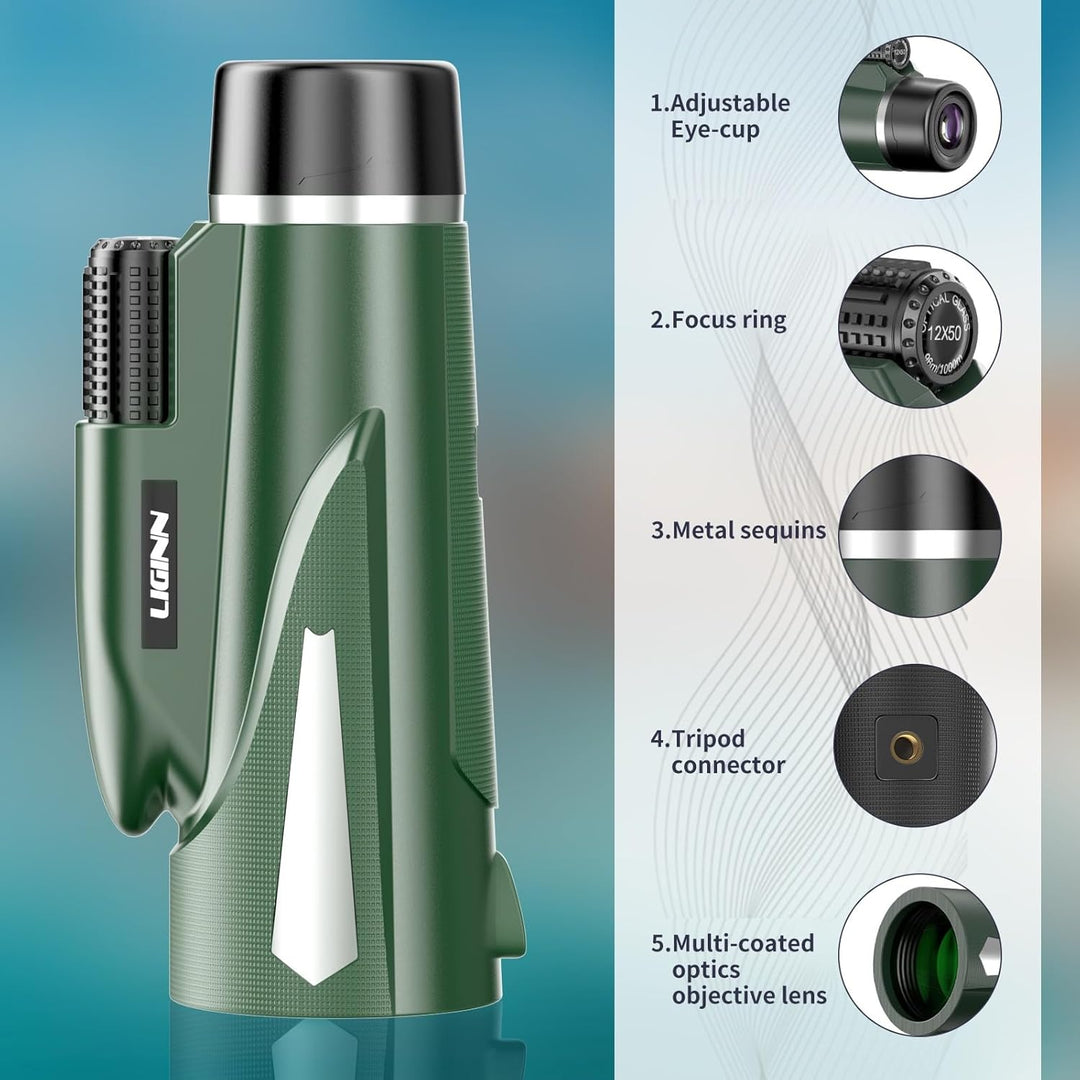 AiMeiteng 12x50 Monokular Teleskop mit Smartphone Halter Stativ, Kompaktes Monokular Hochleistungs T