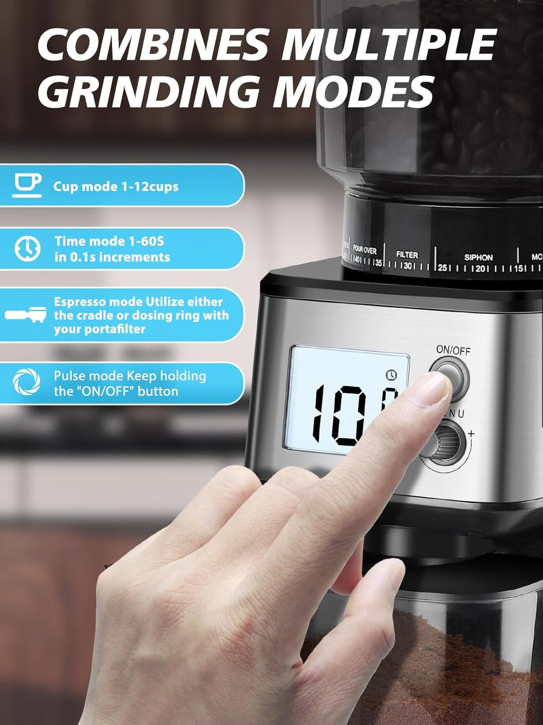 Homtone Elektrische Kaffeemühle für Siebträger und Behälter, 51 einstellbare Mahlgrade, Automatische