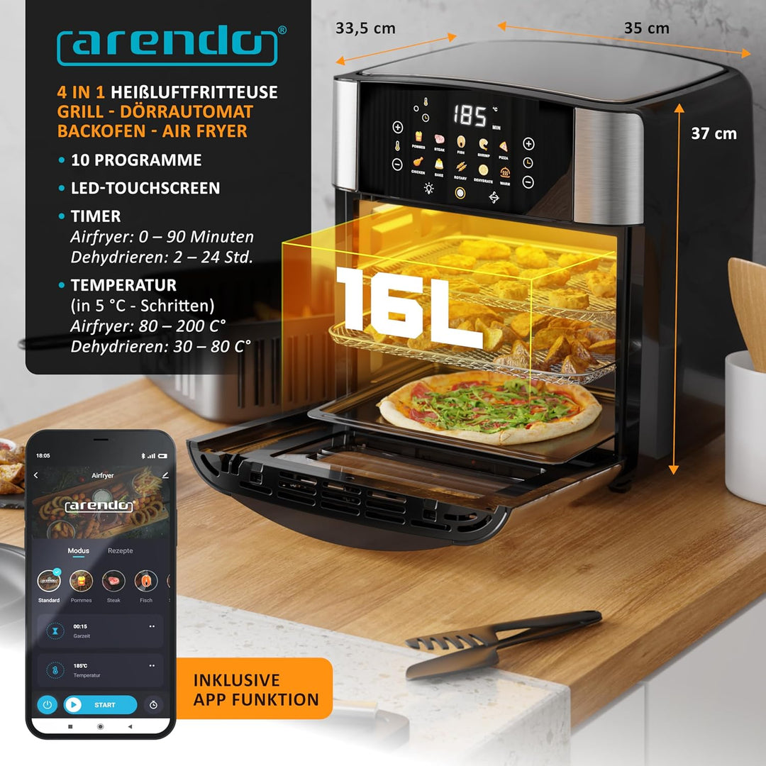Arendo - Heissluftfritteuse XXL Smart Wlan - extra Gross 16 Liter - Backofen Umluft - Grill - Dörrau