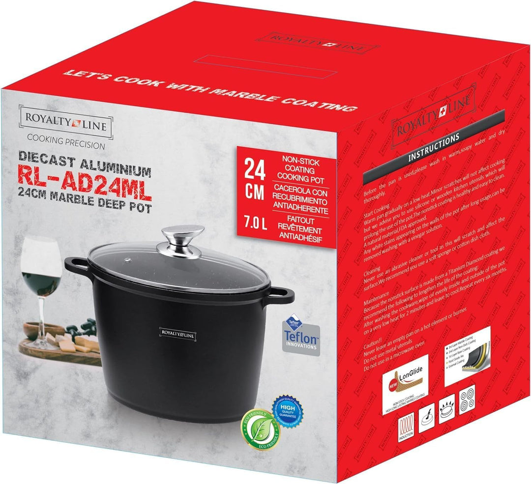 Royalty Line - Kochtopf mit Glasdeckel, Antihaftbeschichteter, Induktionsgeeignet, Schwarz, 7 Liter,