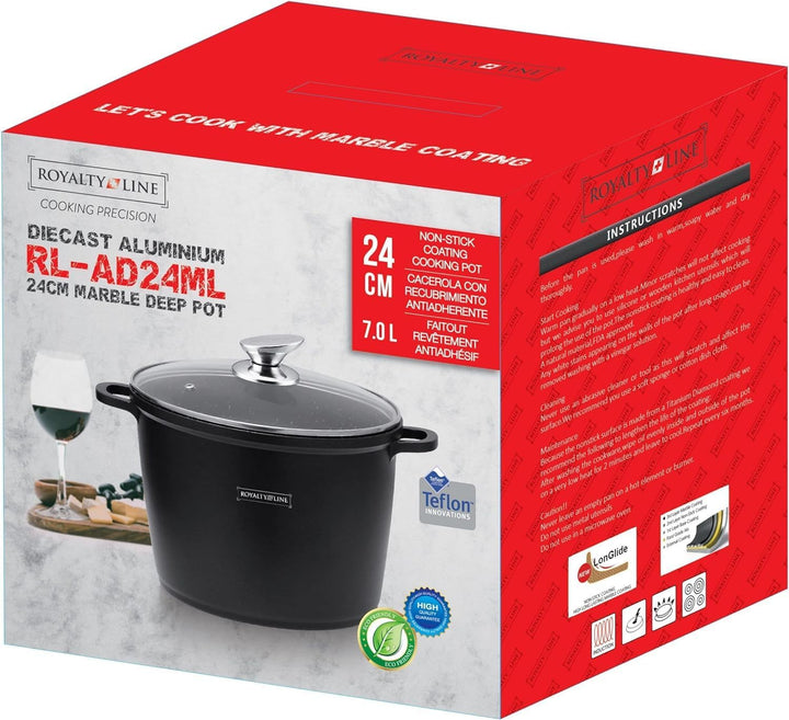 Royalty Line - Kochtopf mit Glasdeckel, Antihaftbeschichteter, Induktionsgeeignet, Schwarz, 7 Liter,