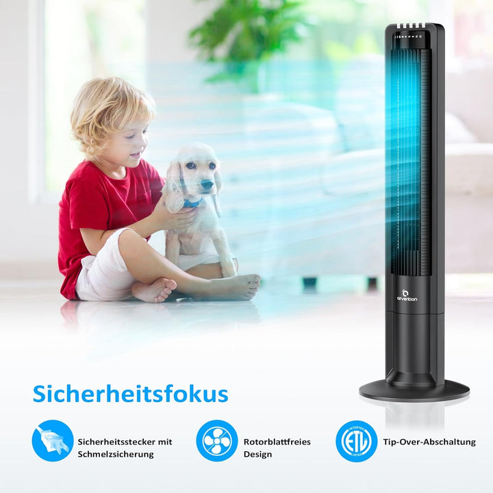 Airvention Turmventilator mit Fernbedienung, 109cm, leise, 100° oszillierender Säulenventilator, Sta