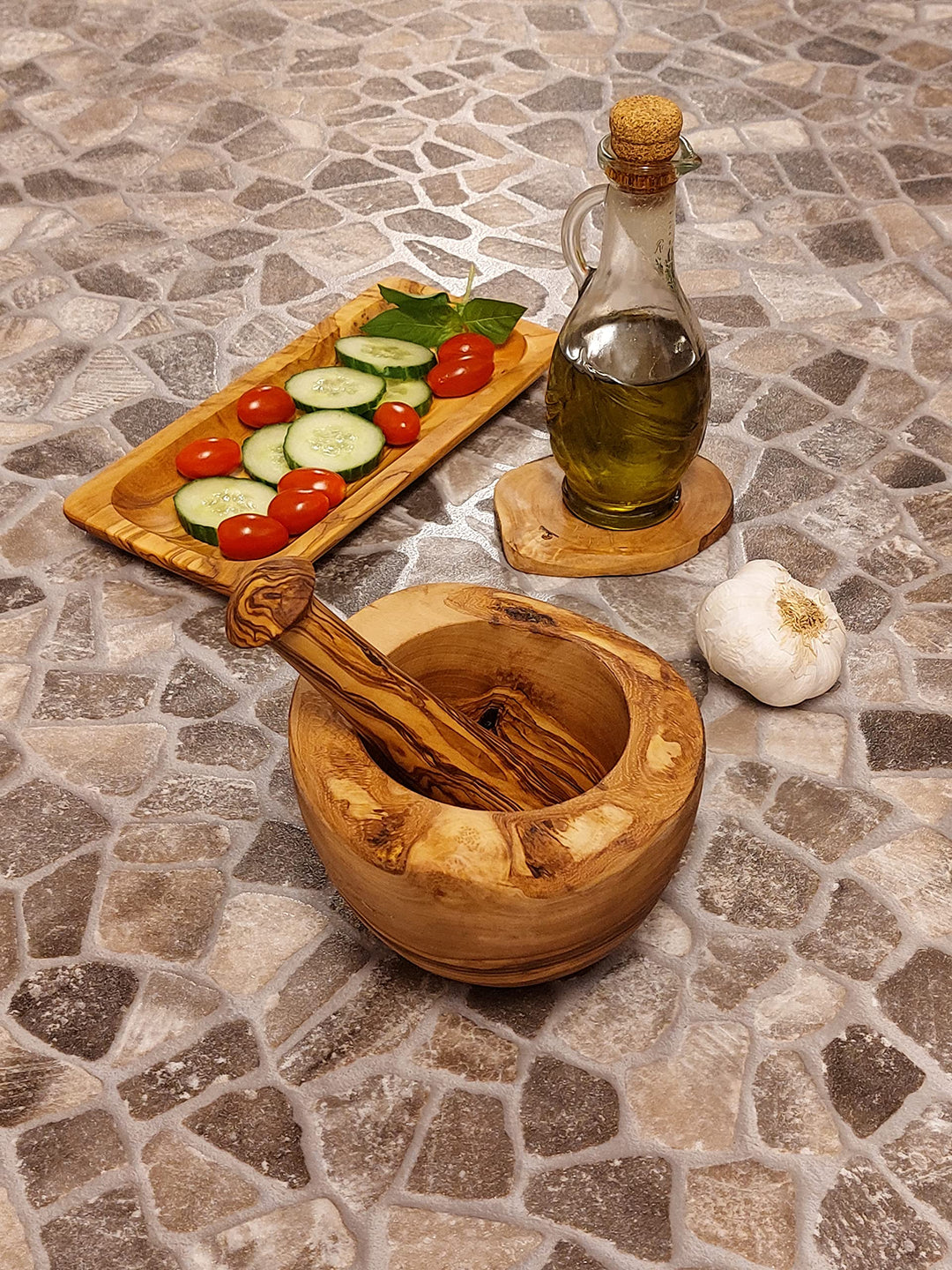 Handmade Olivenholz rustikal Mörser mit Stössel Ø 14 cm, Holzmörser, Gewürzmühle, Gewürz Mörser, han