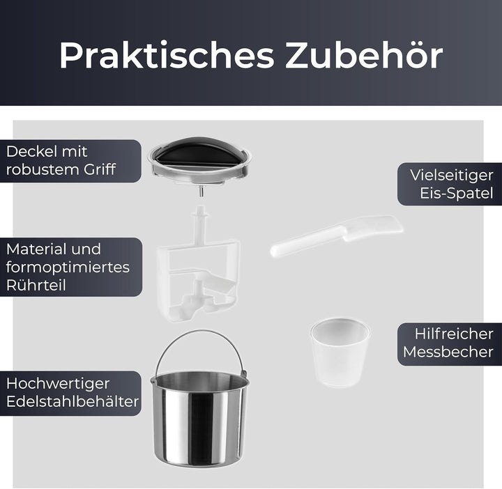 KLAMER Eismaschine 1,5L, 120 W Eiscrememaschine aus Edelstahl mit Kühlfunktion, hausgemachtes Speise