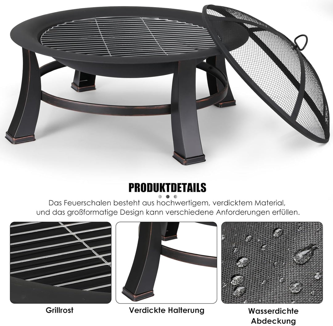 Feuerschalen für den Garten Φ76cm, Feuerschale mit funkenschutz und grillrost, Multifunctional Feuer