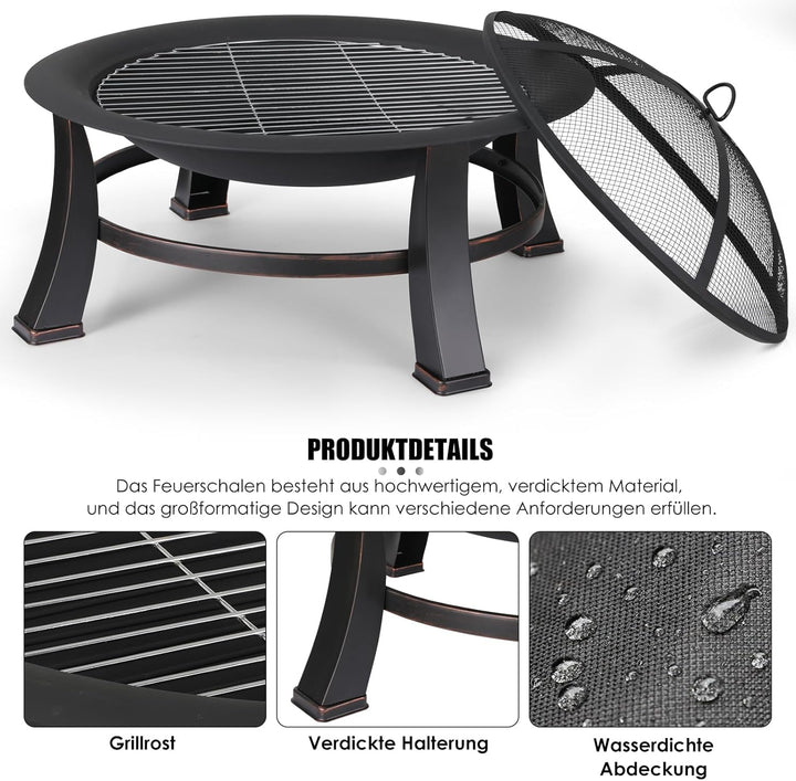 Feuerschalen für den Garten Φ76cm, Feuerschale mit funkenschutz und grillrost, Multifunctional Feuer