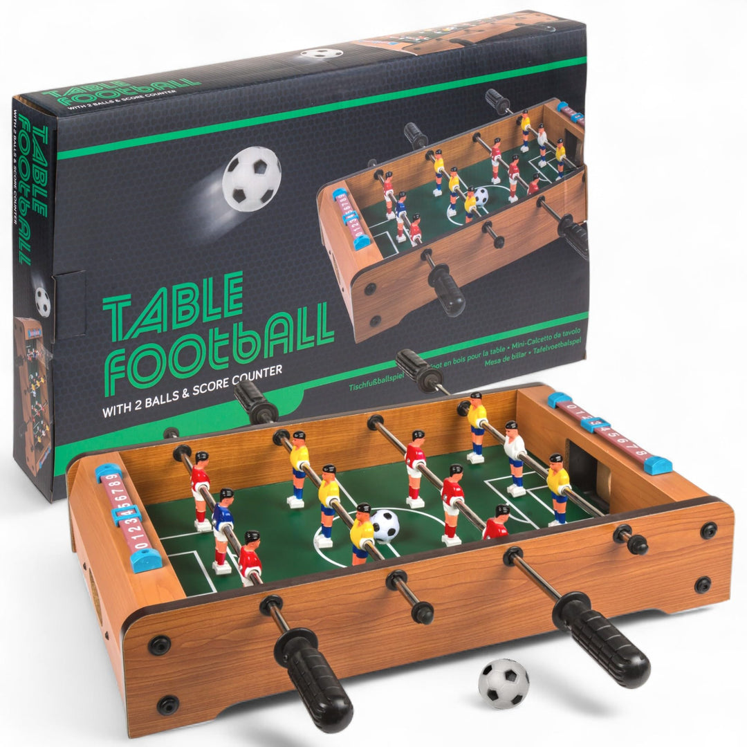 MIJOMA Tischfussballspiel aus Holz – Mini-Kicker für Kinder & Erwachsene, mit 2 Bällen & Torzähler –