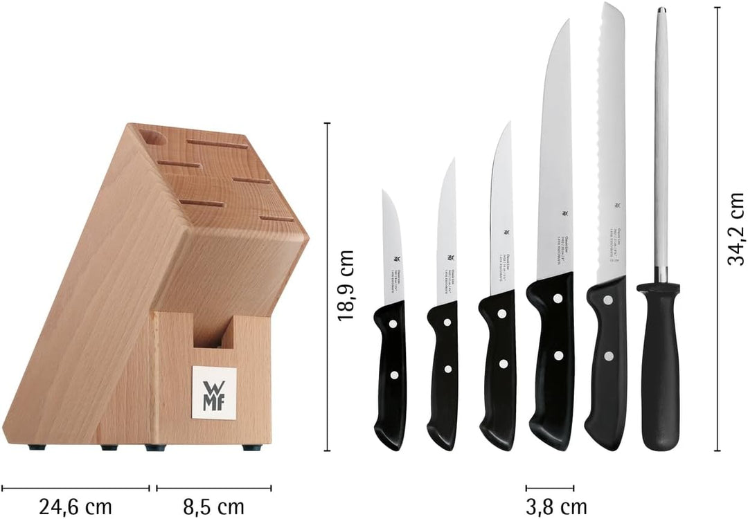 WMF Classic Line Messerblock mit Messerset 7-teilig, bestückt, 5 Messer, Wetzstahl, Buchenholz-Block