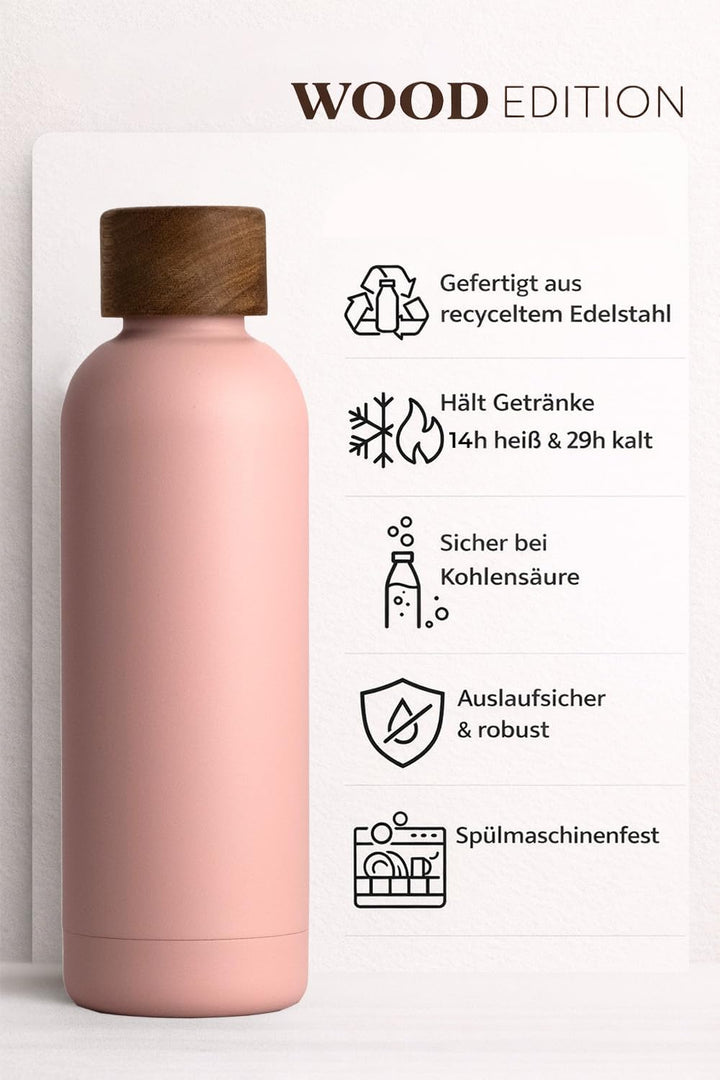 T&N Edelstahl Trinkflasche 500ml, Thermosflasche 0.5l mit Akazienholz Deckel, Isolierte Wasserflasch