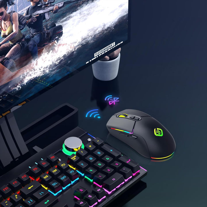 Kabellose Gaming Maus, Dual Mode 2.4GHz/Bluetooth 5.1 Maus Gaming, RGB LED Hintergrundbeleuchtung, E