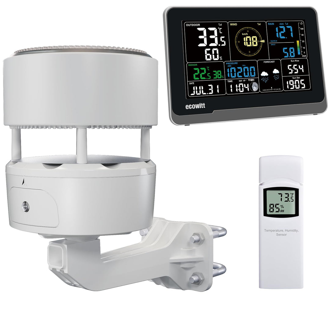 ECOWITT Funk-Wetterstation WS3902 mit 7,5 Zoll LCD-Display, Garten-Wetter-Sensor WS85 (Solarpanel/Re