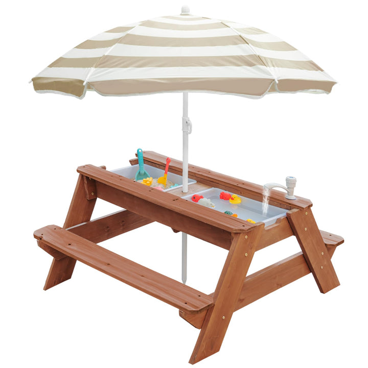 Kids 3-in-1 Sand- und Wasser-Aktivitätstisch, Holz, Outdoor, wandelbarer Picknicktisch mit Regenschi