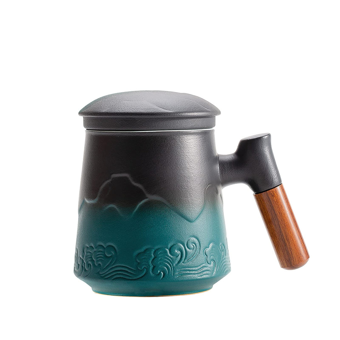 ZENS Teetasse mit Deckel und Teesieb, 450ml Grosse Holzgriff Teebecher mit Sieb und Gradienten Geprä