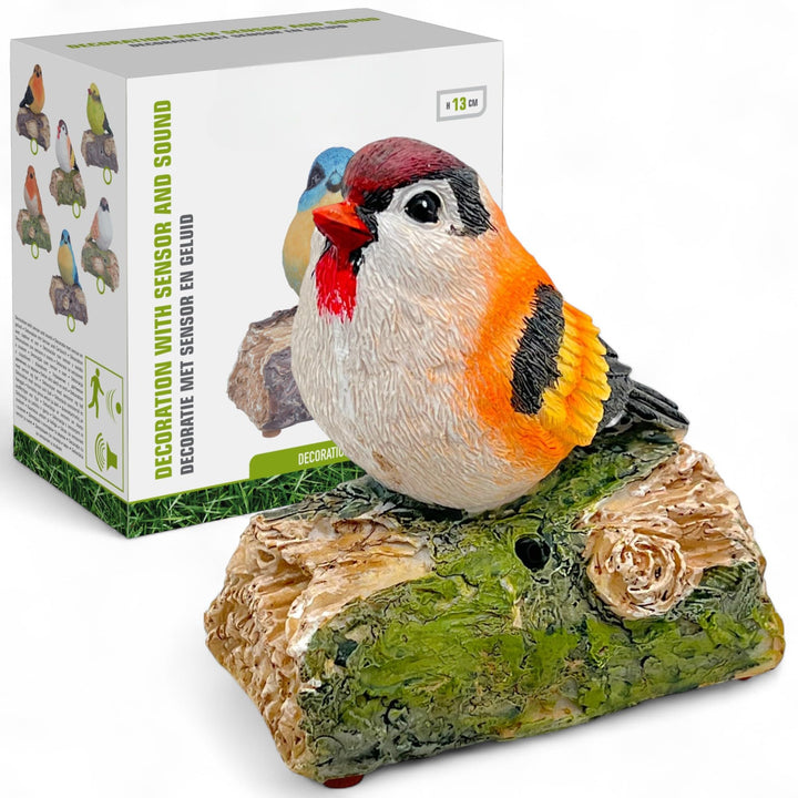 MIJOMA Dekovogel mit Vogelgezwitscher & Bewegungsmelder – Zwitschernder Vogel auf AST, Handbemalt, 1