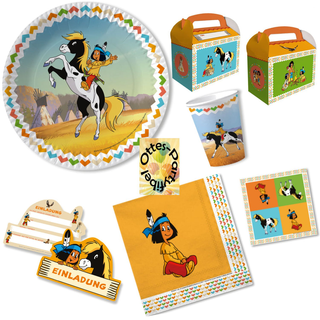 HHO Yakari Party-Set 48tlg. für 6 Kinder : Teller Becher Servietten Einladung Geschenkboxen