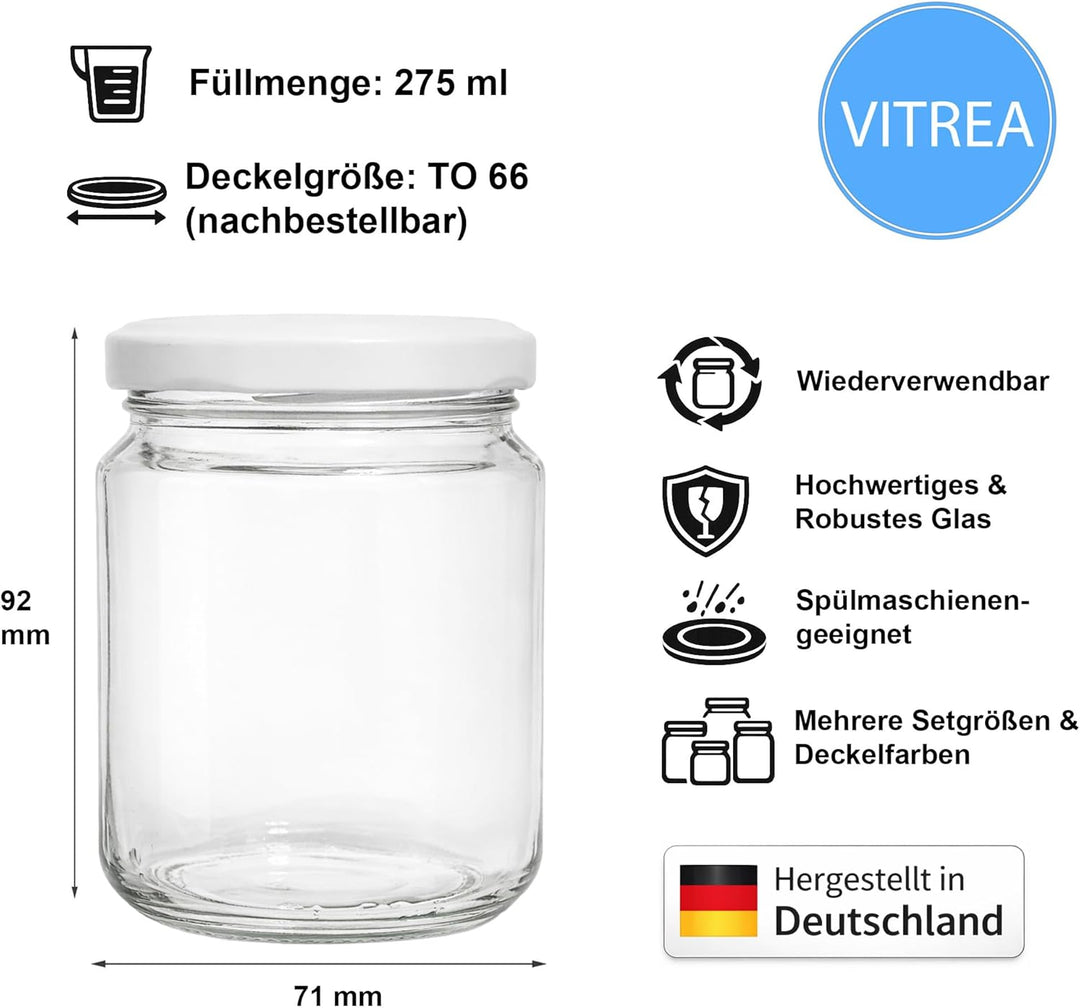 Vitrea 200x Marmeladengläser 275 ml - mit Deckel Weiss TO 66 - Einmachgläser zum befüllen mit Schrau