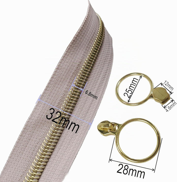 Leekayer #5 Gold-Metallic-Nylon-Spiralreissverschlüsse von The Yard Bulk 9,1 m, beigefarbenes Reissv