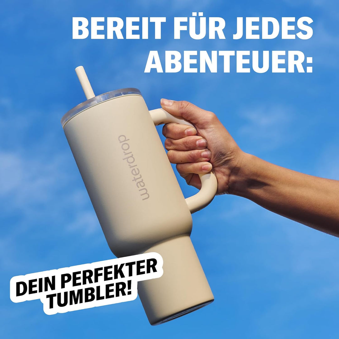 waterdrop® Thermobecher mit Strohhalm 1,1L – Auslaufsichere, robuste Trinkflasche mit aufklappbarem