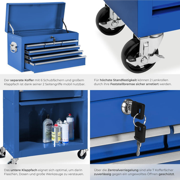 tectake Werkstattwagen Trolley mit Kofferaufsatz, Werkzeug Wagen abschliessbar, 10 Fächer, Mobile We
