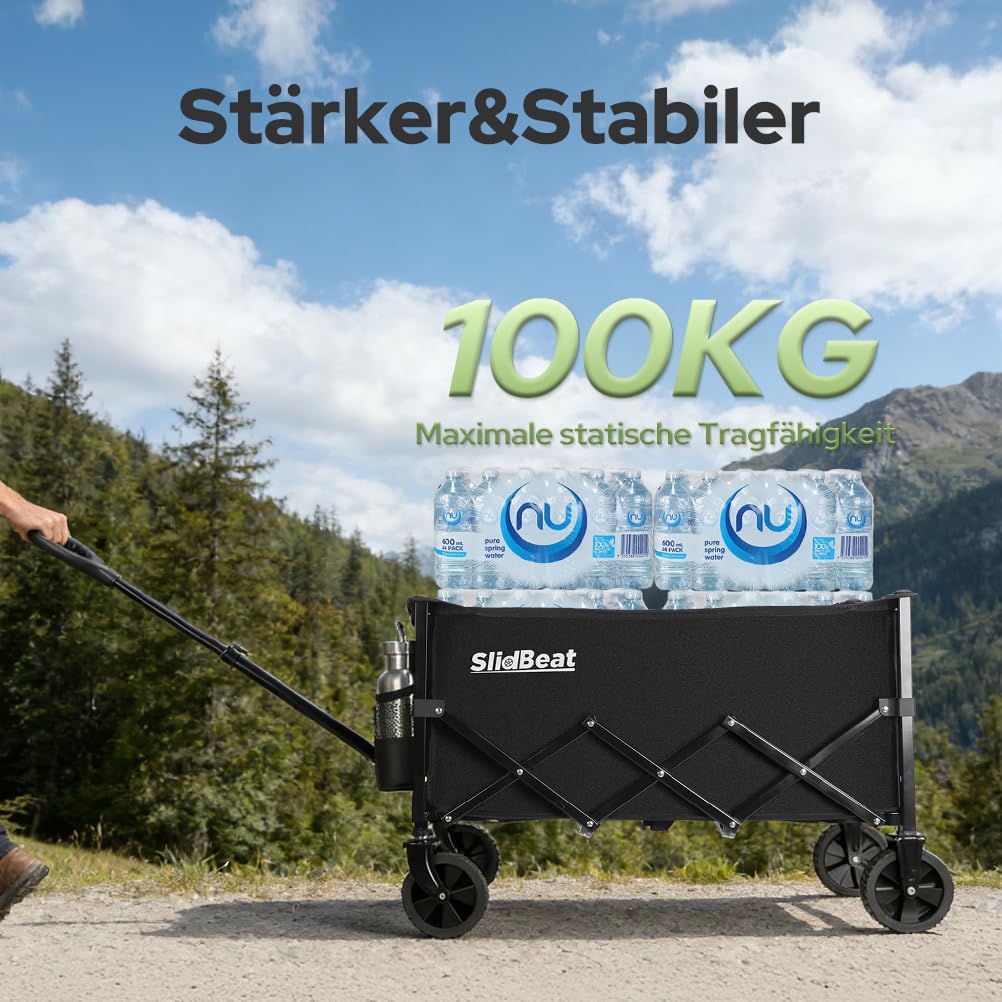 SLIDBEAT Bollerwagen Faltbar 120L 100KG, Abnehmbarer Stoffbeutel Faltbarer Bollerwagen All Terrain R