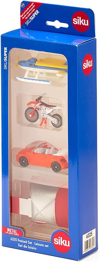 siku 6325, Freizeit-Set, Inkl. Cabrio, Cross-Motorrad, Wasserflugzeug und Zelt, Metall/Kunststoff, M