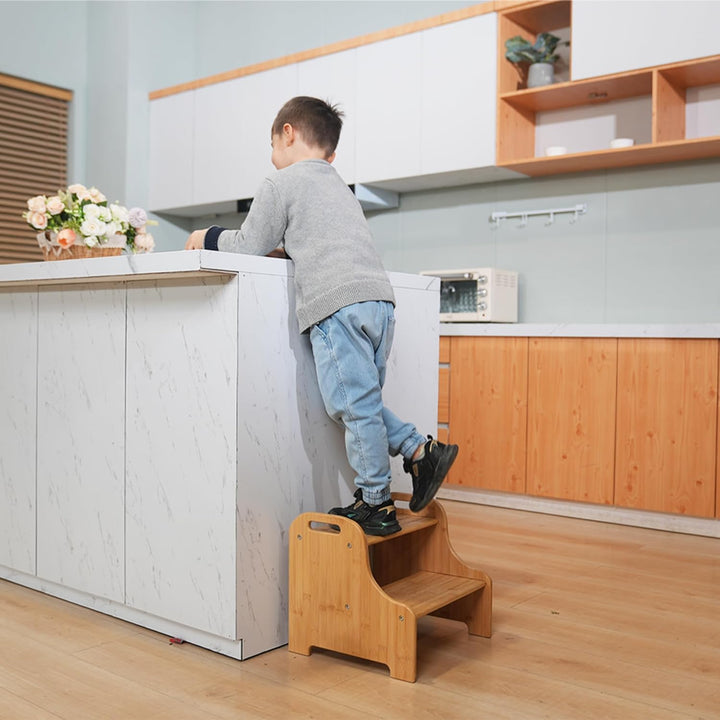 VaeFae Tritthocker aus Bambus, 2 Stufen, rutschfest, mit 2 Griffen Natural, Natural