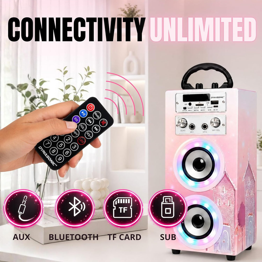 DYNASONIC Karaoke mit 2 Mikrofonen, tragbarer Karaoke-Maschine, Bluetooth-Lautsprecher, USB- und SD-