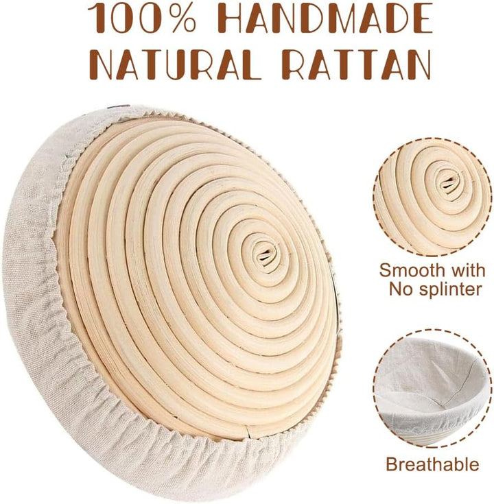 Gärkörbchen Rund, 10 Zoll Gärkörbchen für Brot mit Leineneinsatz, Natürlicher Rattan Gärkorb Brot, B