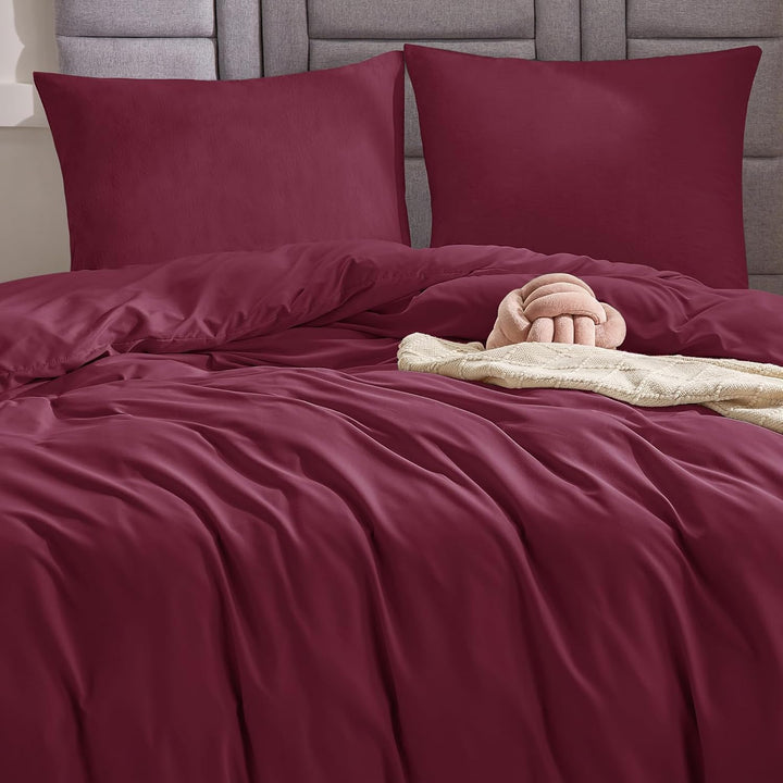 WAVVE Bettwäsche 220x240 3 teilig Weinrot Rot - Bettbezug 220 x 240 Set mit Kissenbezüge 65x65 cm, B