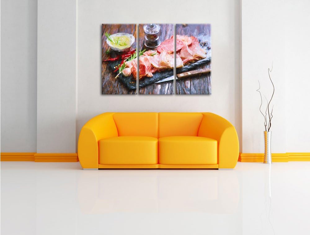 Pixxprint Antipasti verschiedener Wurstsorten Kunst Pinsel Effekt 3-Teiler Leinwandbild 120x80 Bild