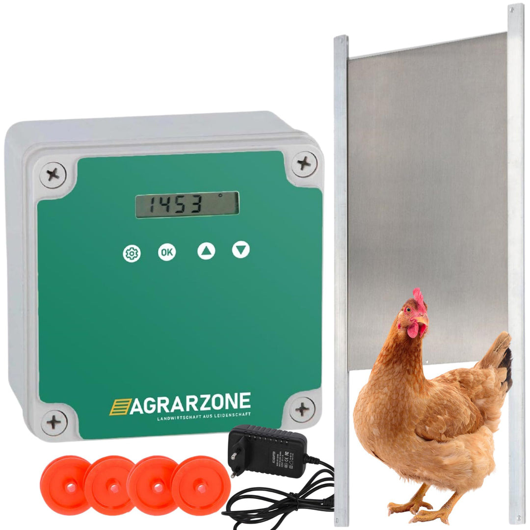 Agrarzone automatische Hühnertür Hühnerklappe mit Schieber 22 x 33 cm | Türöffner Hühnerstall mit Ze