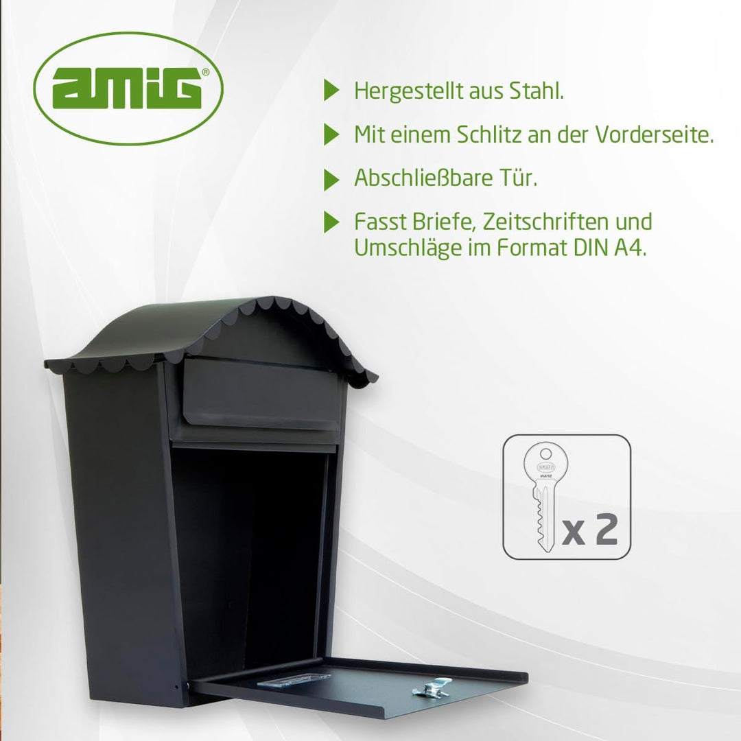 Amig - Aussenbriefkasten | Briefkasten für Wand, Mauer oder Zaun | Masse: 37 x 32 x 10,5 cm | Stahl