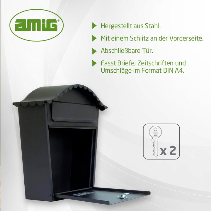 Amig - Aussenbriefkasten | Briefkasten für Wand, Mauer oder Zaun | Masse: 37 x 32 x 10,5 cm | Stahl