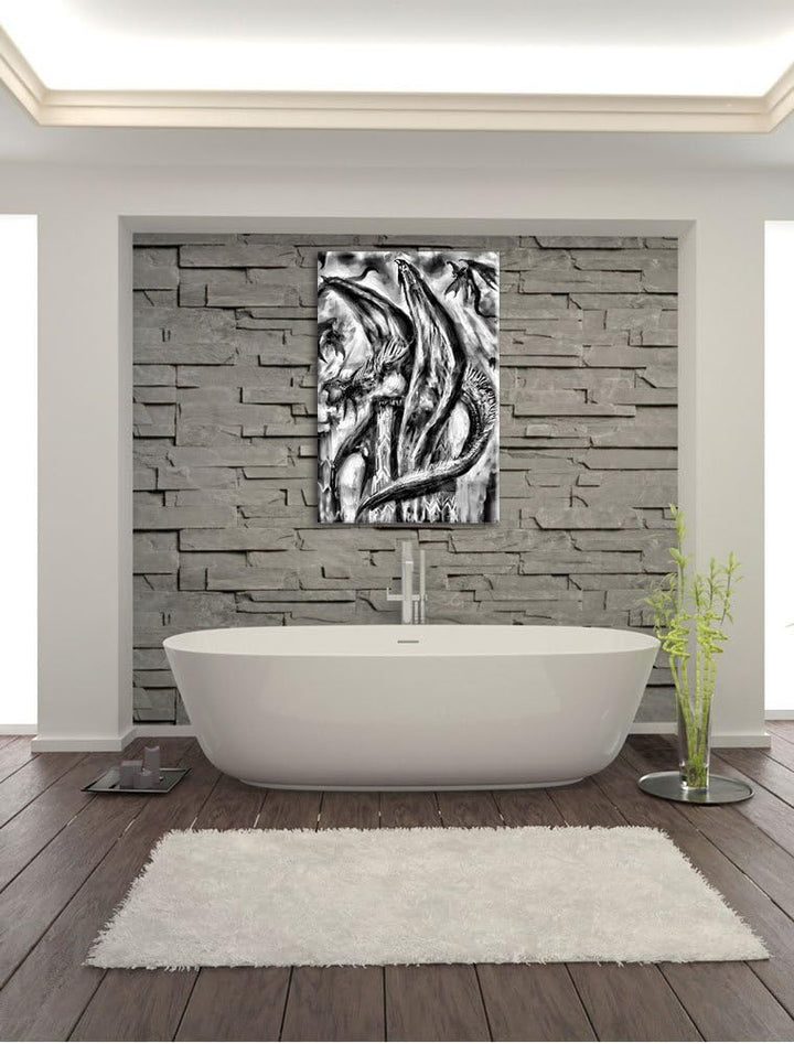Monocrome, Dragons, Format: 100x70 auf Leinwand, XXL riesige Bilder fertig gerahmt mit Keilrahmen, K