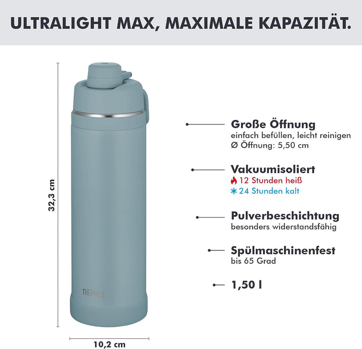 THERMOS ULTRALIGHT MAX Isolierflasche 1,50 l, 24 h kalt, tourmaline mat Tourmaline Mat 1500 ml, Tour