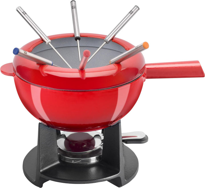 Zwilling Cherry Emaille Gusseisen Pfanne Schweizer Fondue Set für geschmolzenen Käse 6 Edelstahl Gab