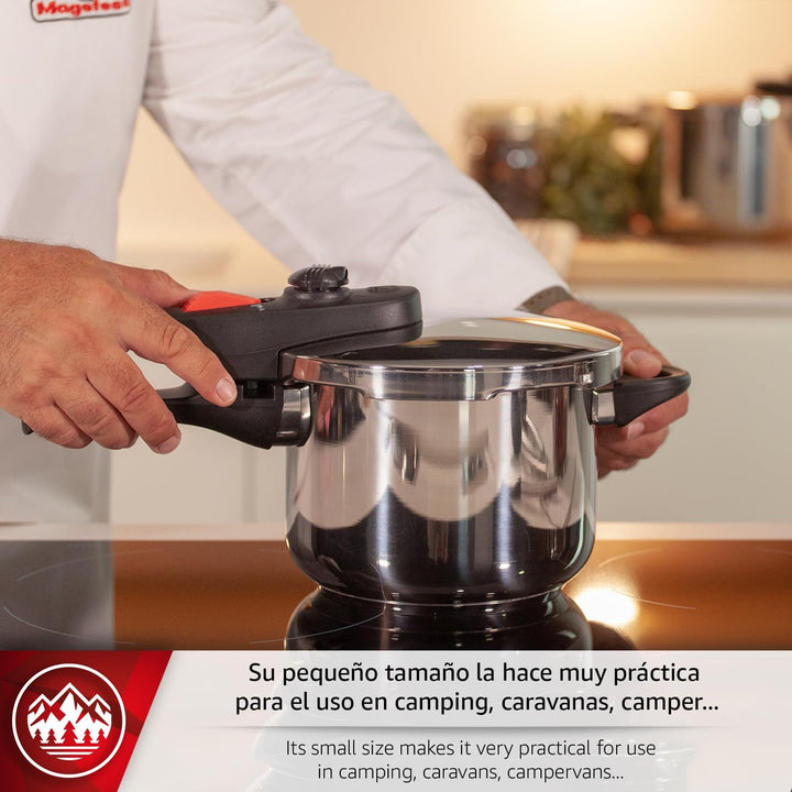 Magefesa Practika Plus - Exklusives Set Schnellkochtopf 3.2L + Glasdeckel, Edelstahl 18/10, Drucksen