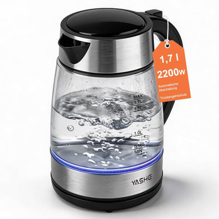 YASHE Wasserkocher Glas 1,7L 2200W Schnellkochend Mit LED-Licht | Edelstahlboden, Kalkfilter, Abscha