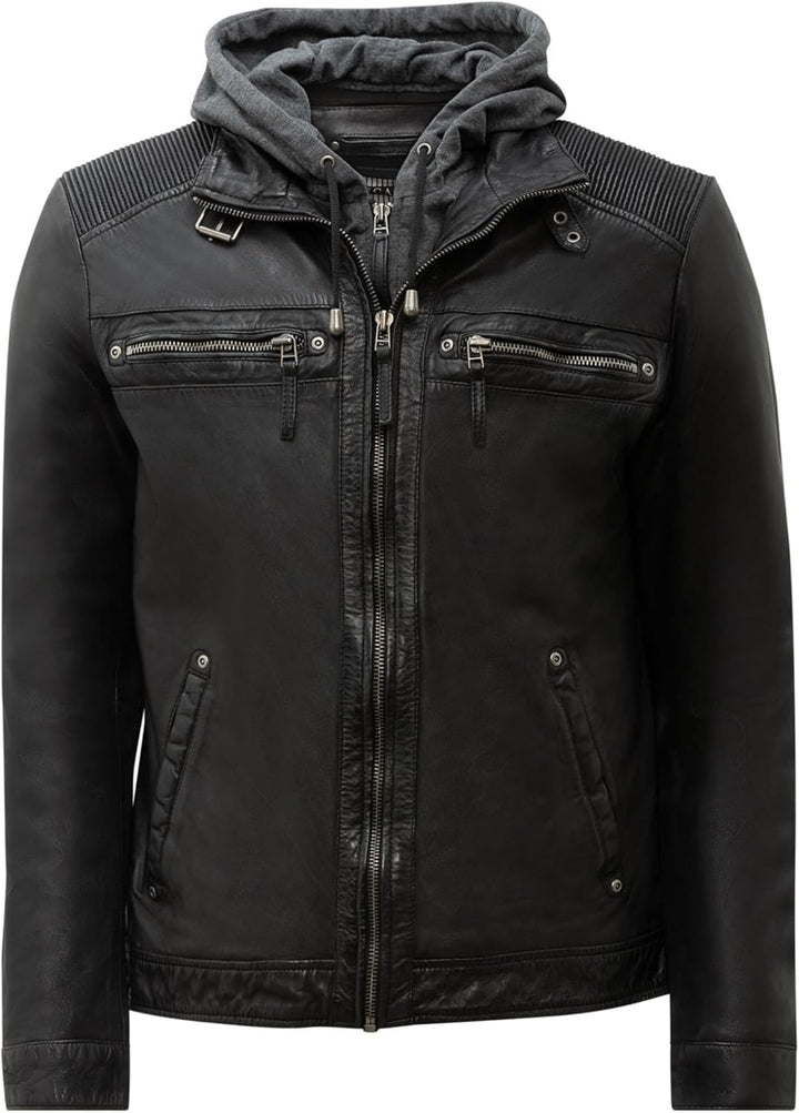 RICANO Nate – Herren Biker Lederjacke (Slim Fit) mit abtrennbarer Kapuze - echtes Lamm Leder XXL Sch