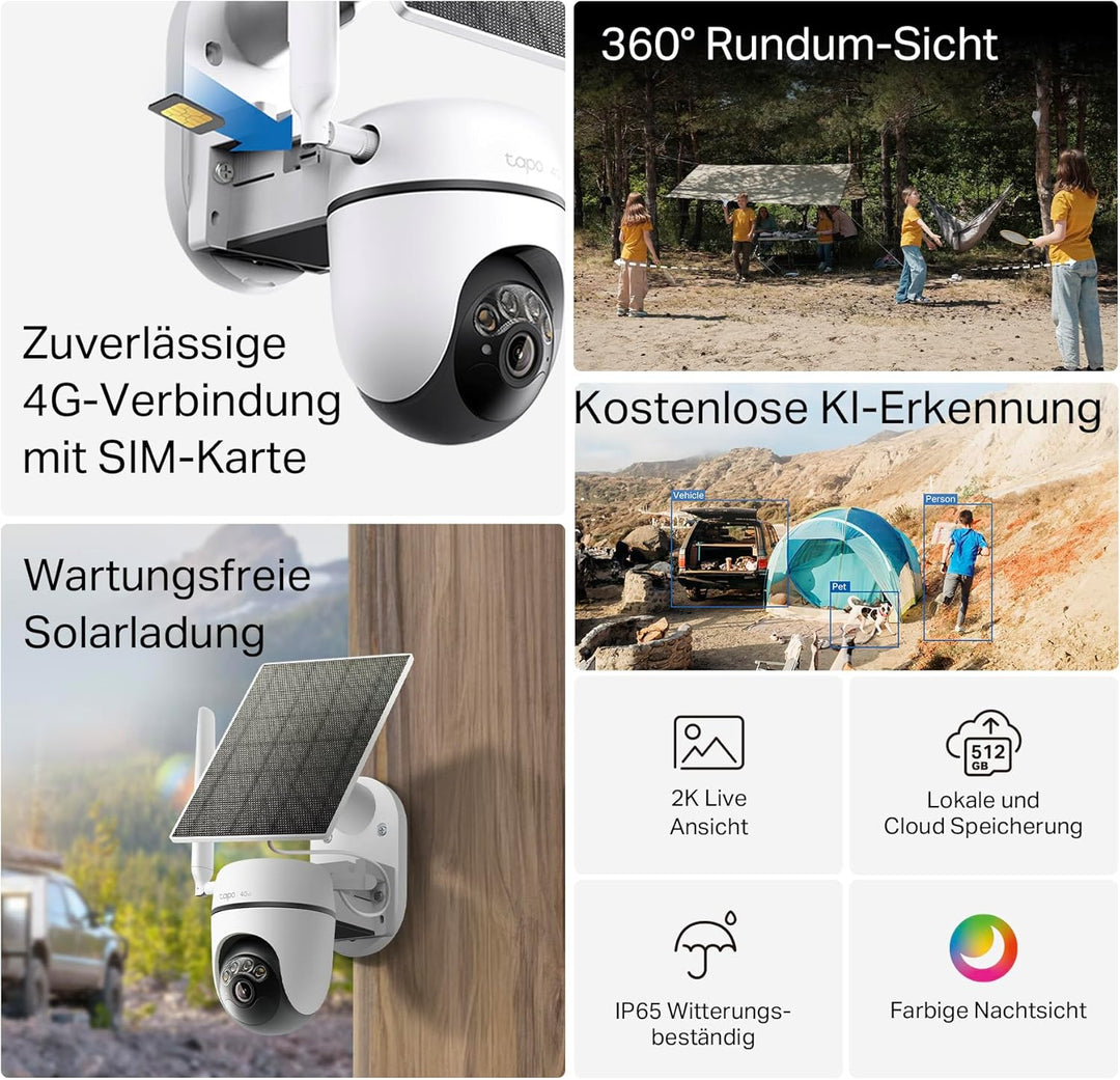 Tapo C615G KIT 4G LTE Überwachungskamera mit SIM-Kartenslot, 360° 2K-3MP Farbnachtsicht, kostenlose